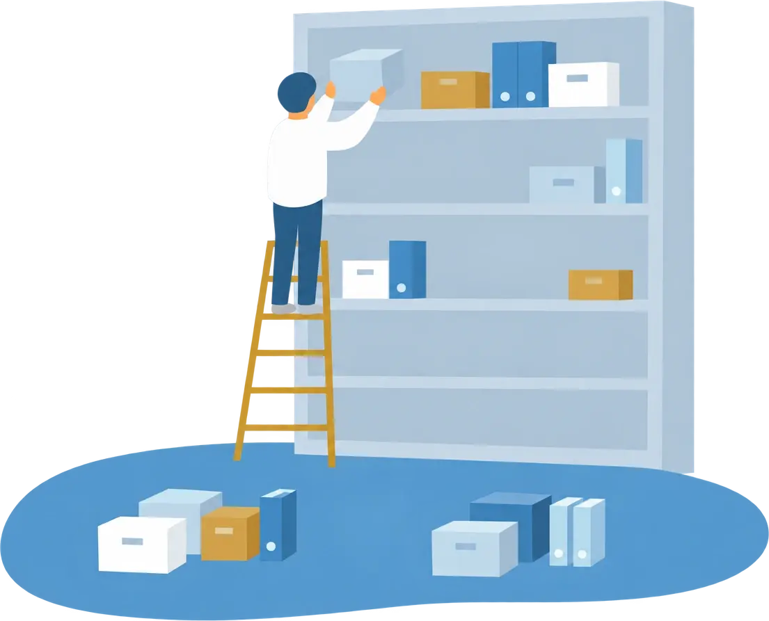 大きな棚の前で、箱を仕分けている人のイラスト