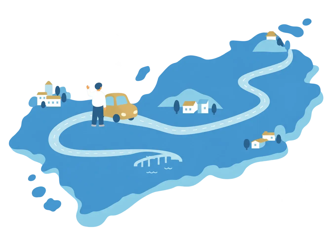 大きな島の道に車を止めて、手を振っている人のイラスト