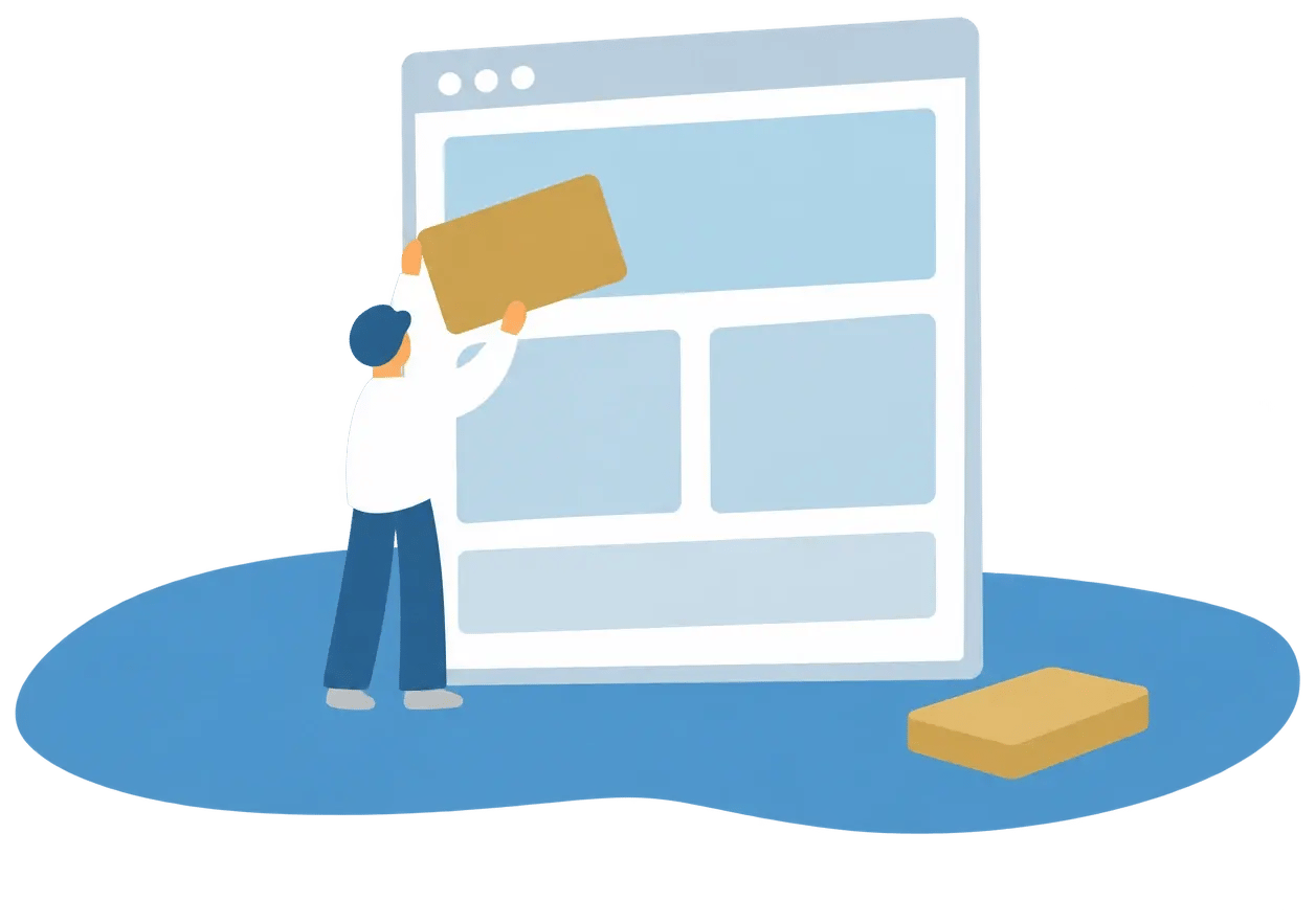 大きなWebページに、部品をはめ込んでいる人のイラスト