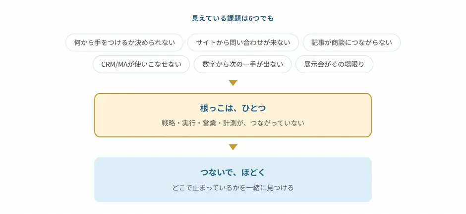見えている6つの課題の根っこはひとつ(戦略・実行・営業・計測がつながっていない)。つないで、ほどく